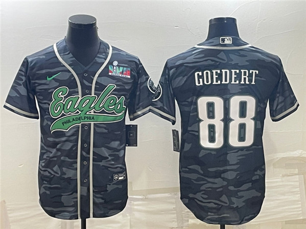 Men's Philadelphia Eagles #88 Dallas Goedert Gray Camo With Super Bowl LVII Patch Cool Base Stitched Baseball Jersey